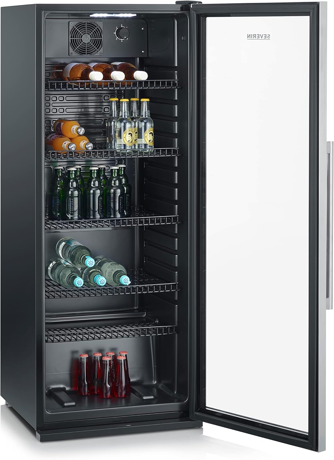 SEVERIN Flaschenkühlschrank, mit integriertem Schloss und integrierter LED-Beleuchtung, 118 L Nutzinhalt, schwarz/silber, FSK 8840