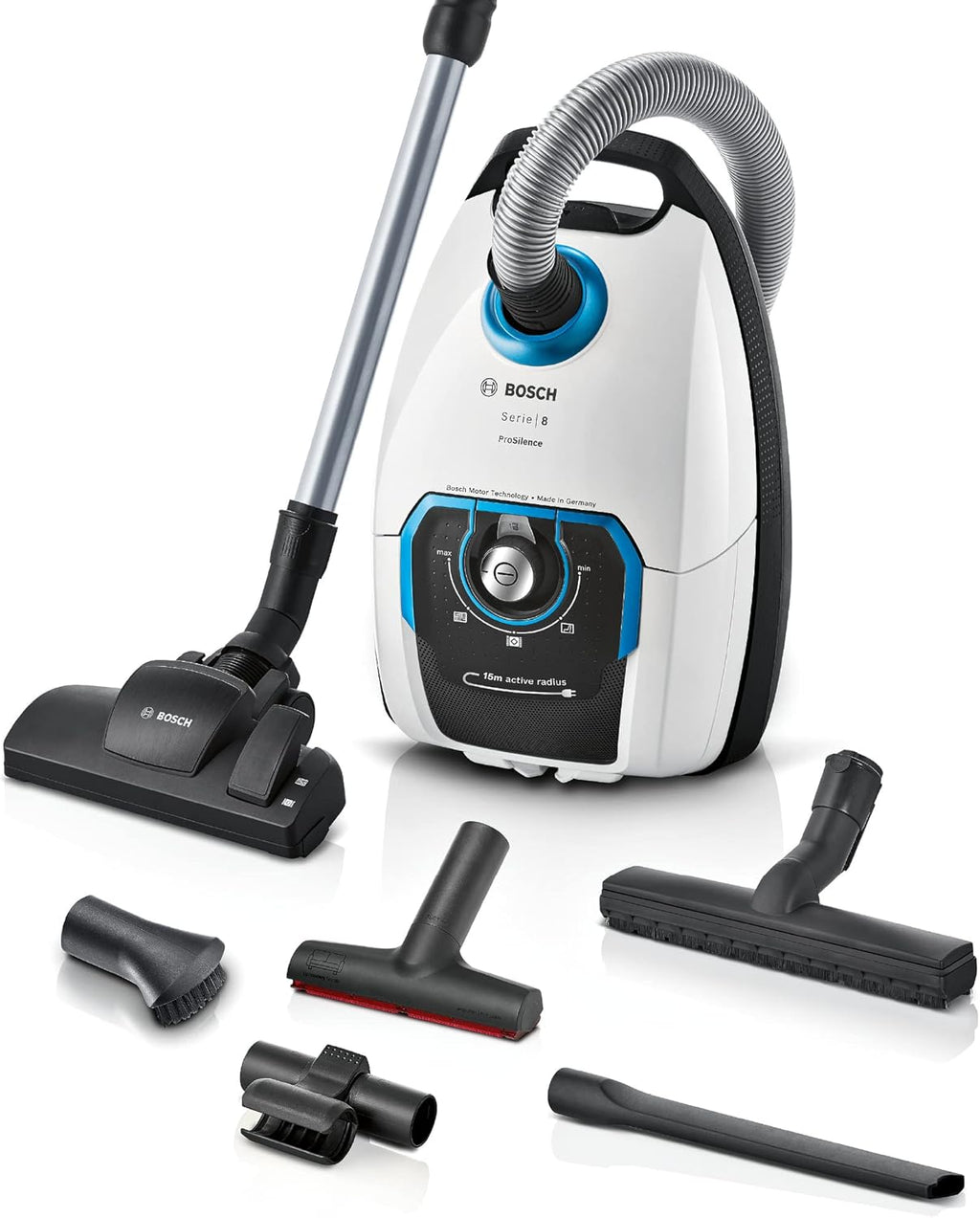 Bosch Staubsauger mit Beutel Serie 8 BGB75X494, Bodenstaubsauger, ideal für Allergiker, Hygiene-Filter, Bodendüse für Parkett, Teppich, Fliesen, langes Kabel, leise, 650 W, blau