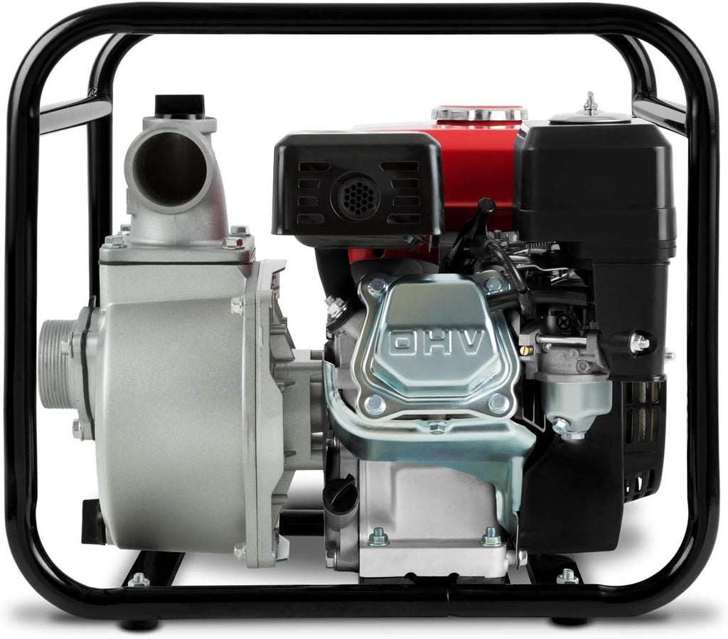 EBERTH 5,5PS Wasserpumpe mit 30.000l/h und 30m Förderhöhe, 2 Zoll Anschluss, Gartenpumpe Schmutzwasserpumpe mit 4-Takt-Motor und 7m Ansaughöhe, Benzin Pumpe, Seilzugstart, Metallfuß, Tragegriff