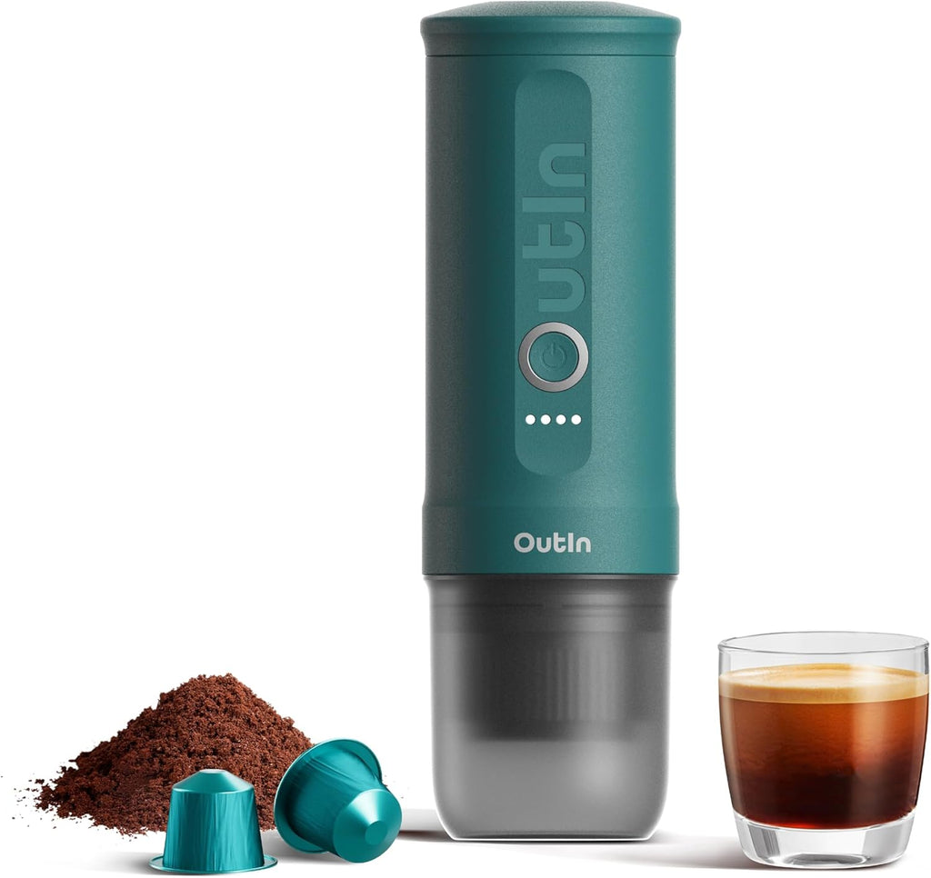 OutIn Nano Tragbare Espressomaschine mit Akku, für unterwegs oder Camping, Kaffeemaschine to go, mit elektrischer Selbsterhitzung über USB - C, 2 in 1 für gemahlenen kaffee und NS - kapseln