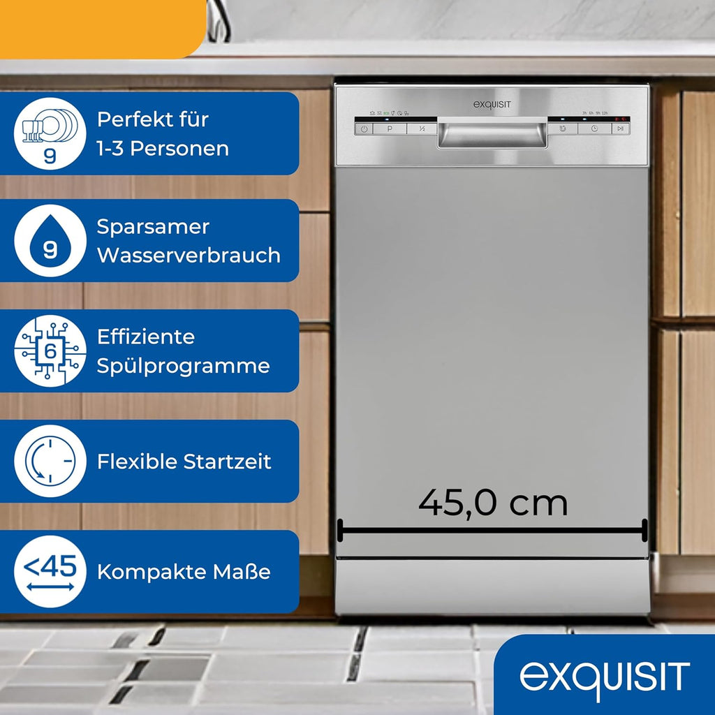 Exquisit Geschirrspüler, 9 Maßgedecke, Spülmaschine 45 cm, Power+, ECO-Modus, Geschirrspüler 45 cm, GSP59109-030E silber