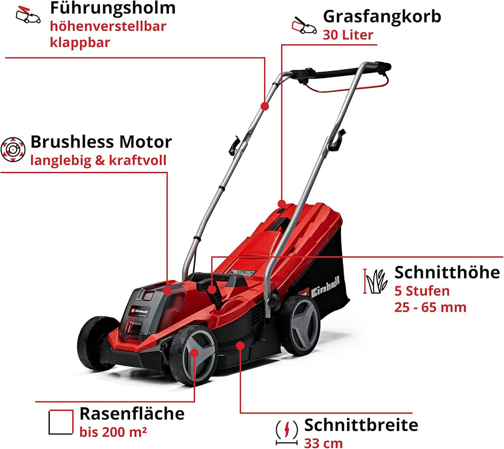 Einhell Akku-Rasenmher GE-CM 18/33 Li Kit Power X-Change (18 V, 33 cm Schnittbreite, bis 200 m, Brushless, 30L Fangkorb, 25-65 mm Schnitthhe, inkl. 4,0 Ah Akku + Ladegert)