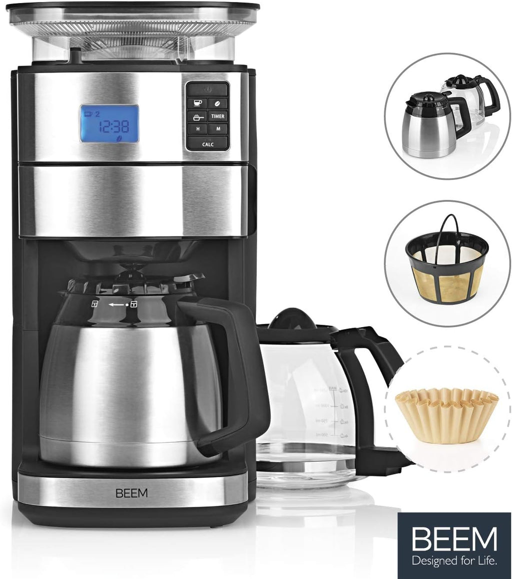 BEEM FRESH-AROMA-PERFECT II Filterkaffeemaschine mit Mahlwerk - Thermo | Edelstahl | Thermokanne | 24h-Timer | 1000 W | 180 g Bohnenbehälter