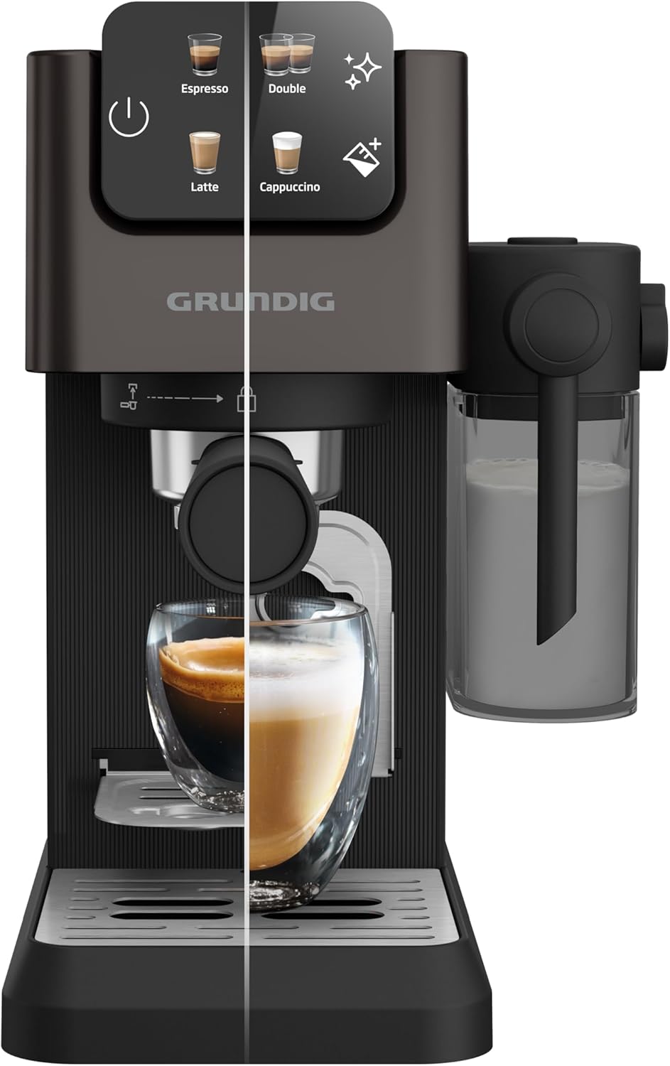 GRUNDIG KSM 5330 Siebträgermaschine mit integriertem Milchbehälter, 1628 W Leistung, 15 bar Pumpendruck, Zweifachdüse, farbiges Touch-Display, BrewSense, CreamyPro, Dark Inox/Schwarz