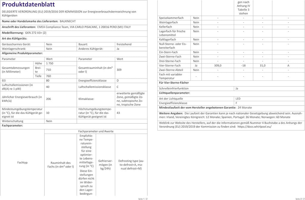 Bauknecht GKN 272 A3+ Gefrierschrank / 309 L Gesamtnutzinhalt / NoFrost / EasyOpen Ventil / Innenbeleuchtung / Elektronische Steuerung mit innenliegendem Bedienfeld, Weiß