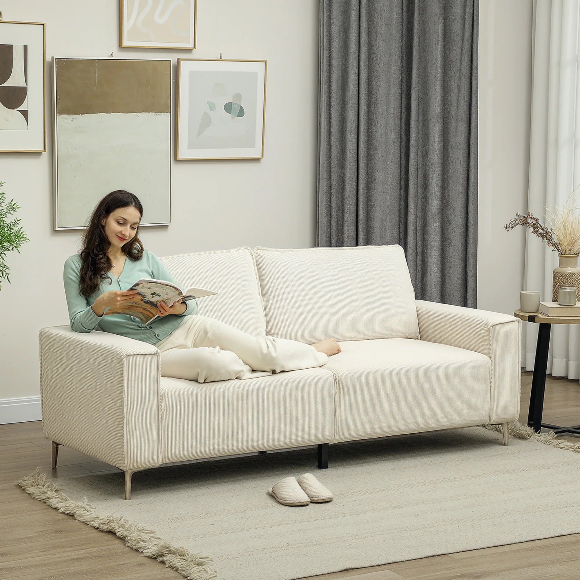 HOMCOM Dreisitzer Sofa Couch mit Federkern und Rückenkissen Cremeweiß