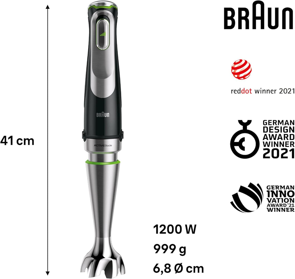 Braun MultiQuick 9 MQ 9187XLI Stabmixer – Pürierstab mit Active PowerDrive Technologie und 5 Zubehrteilen zum Zerkleinern, Stampfen, Rühren und Ice-Crushen, 1200 Watt, schwarz/Edelstahl