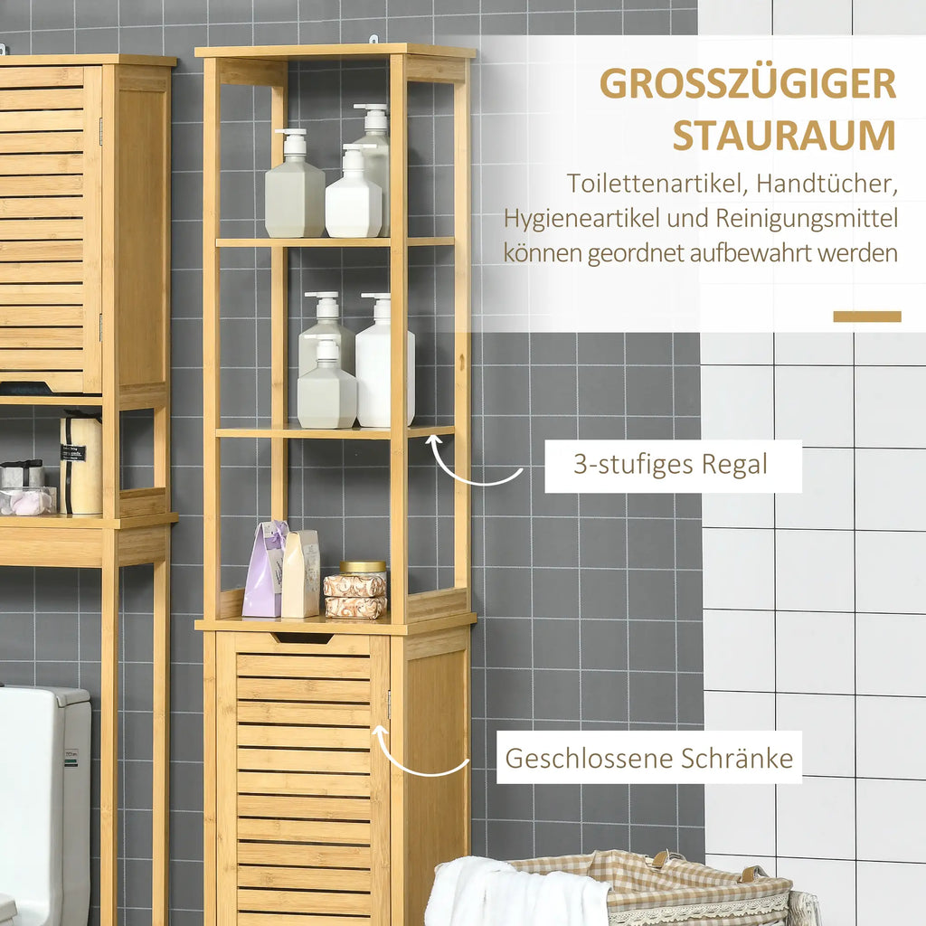 kleankin Badezimmerschrank Hochschrank viel Stauraum Lamellentür Bambus