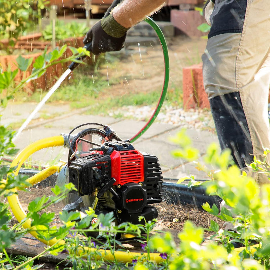 EBERTH 5,5PS Wasserpumpe mit 30.000l/h und 30m Förderhöhe, 2 Zoll Anschluss, Gartenpumpe Schmutzwasserpumpe mit 4-Takt-Motor und 7m Ansaughöhe, Benzin Pumpe, Seilzugstart, Metallfuß, Tragegriff