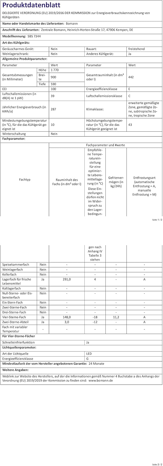 Bomann® Side by Side Kühl Gefrierkombination | No Frost | 442L Inhalt | Kühlschrank mit Gefrierfach | Kühlschrank mit MultiAirflow-Technologie | Verbrauch 287 kWh/Jahr | SBS 7344 inox