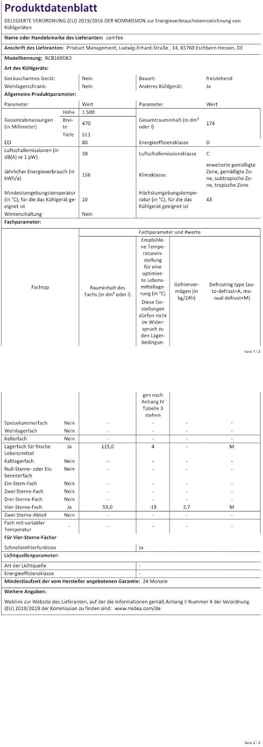 Comfee' RCB169DK3 Kühlschrank mit Gefrierfach 150cm Höhe/Kühl-/Gefrierkombination/Low Frost/174L/leise Kühlgefrierkombi 38dB/Einstellbare Kühlschranktemperatur/LED-Licht/156 kWh/Jahr/Schwarz