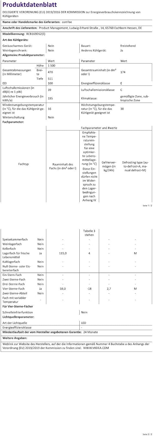 Comfee' RCB169DK3 Kühlschrank mit Gefrierfach 150cm Höhe/Kühl-/Gefrierkombination/Low Frost/174L/leise Kühlgefrierkombi 38dB/Einstellbare Kühlschranktemperatur/LED-Licht/156 kWh/Jahr/Schwarz