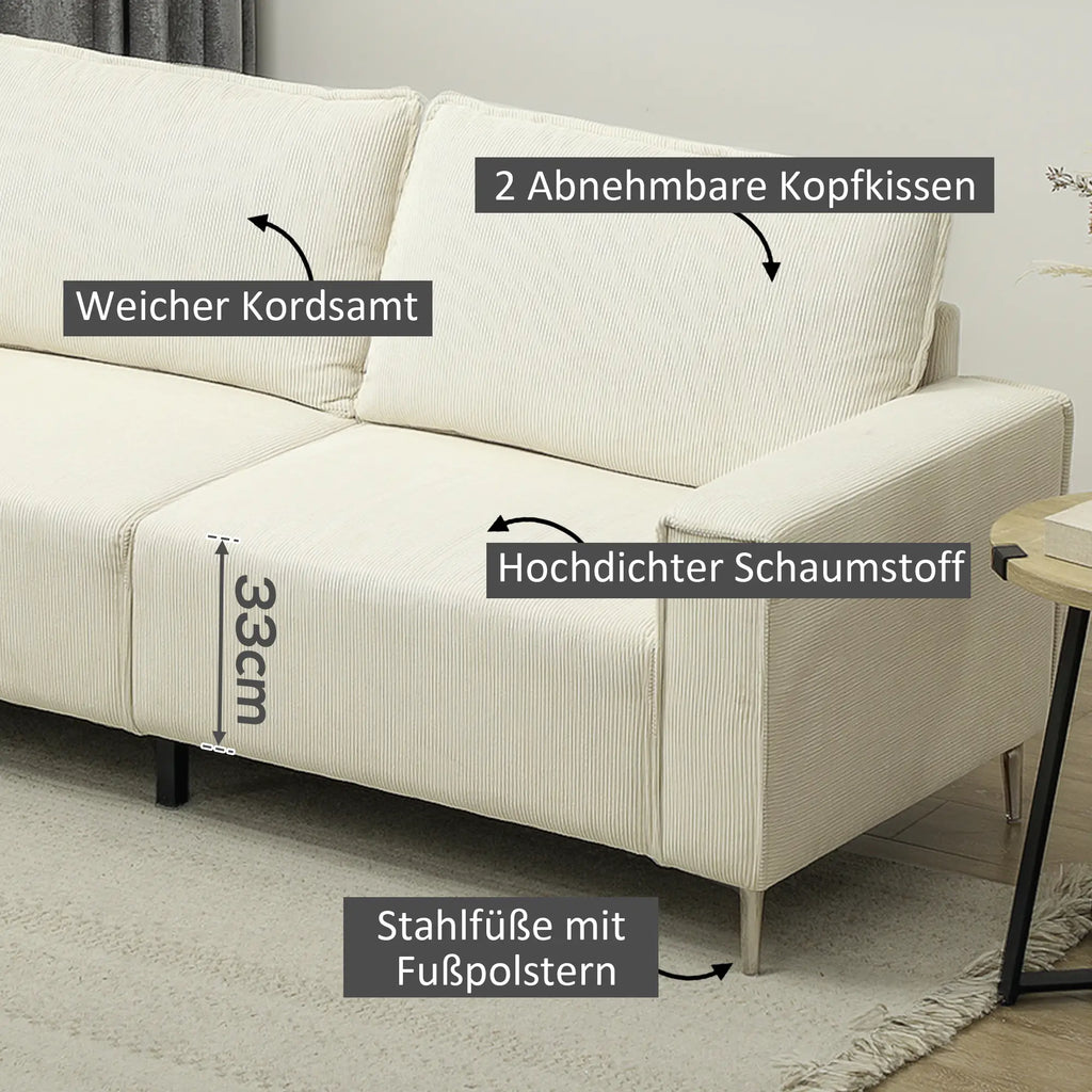 HOMCOM Dreisitzer Sofa Couch mit Federkern und Rückenkissen Cremeweiß