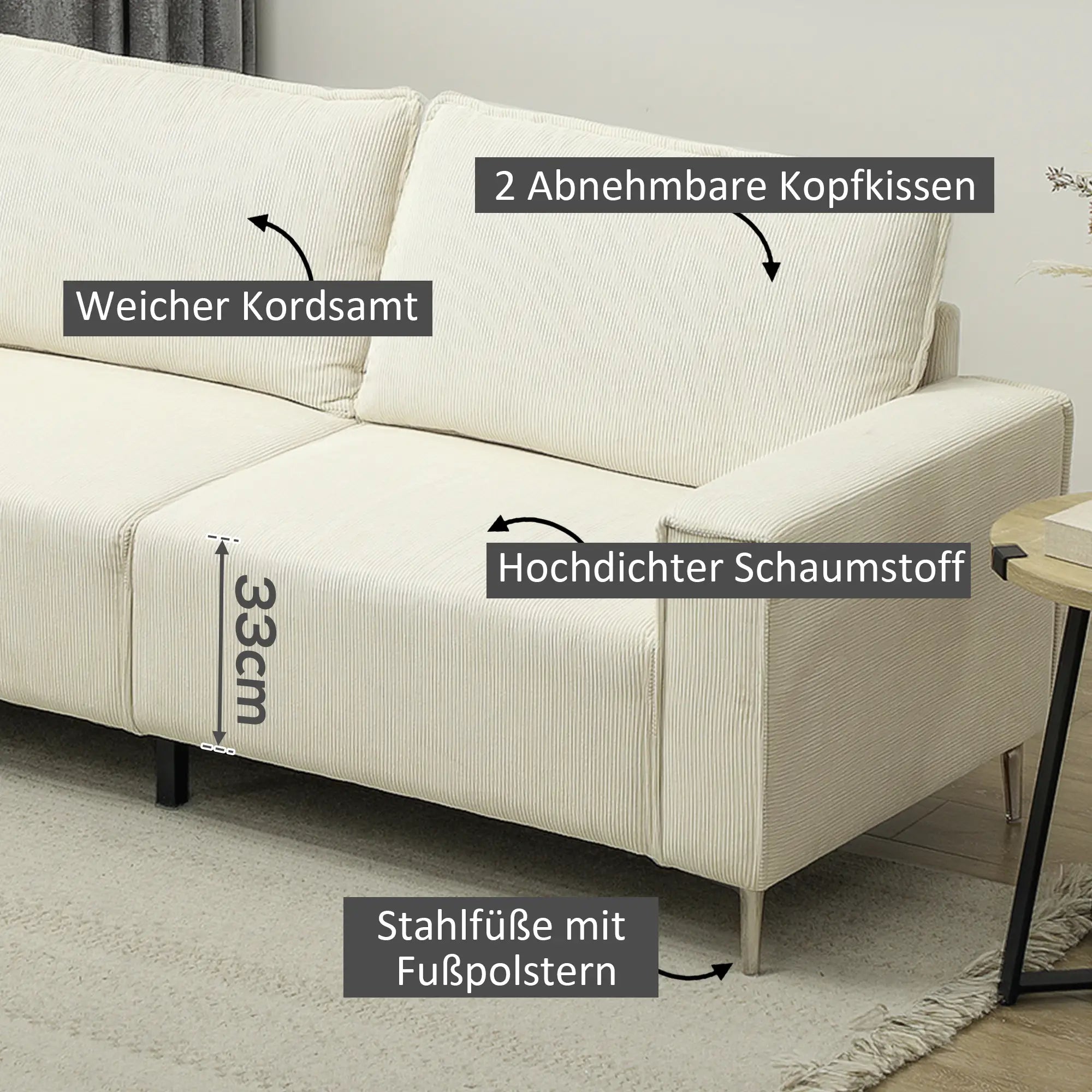 HOMCOM Dreisitzer Sofa Couch mit Federkern und Rückenkissen Cremeweiß