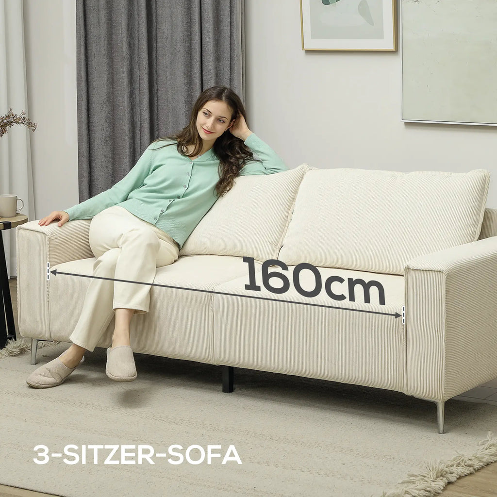 HOMCOM Dreisitzer Sofa Couch mit Federkern und Rückenkissen Cremeweiß