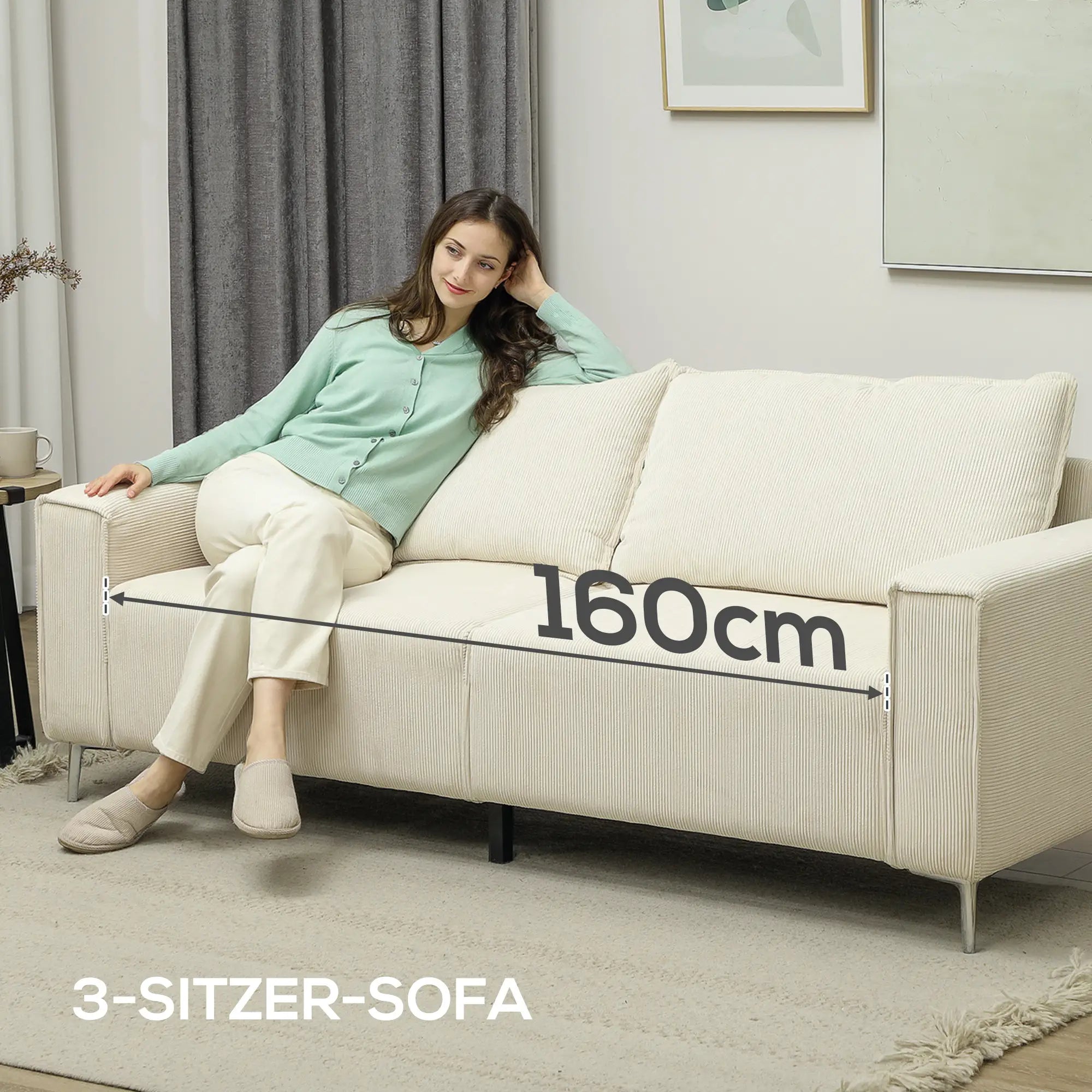 HOMCOM Dreisitzer Sofa Couch mit Federkern und Rückenkissen Cremeweiß