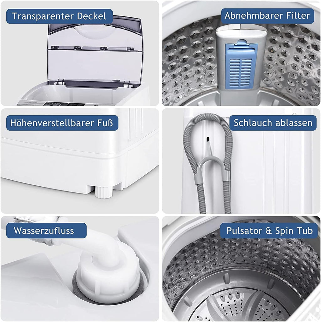 RELAX4LIFE 4,5 kg Vollautomatische Waschmaschine, Waschvollautomat mit Pumpe & Schleuder, Toplader Miniwaschmaschine mit LED-Display & 10 Programmauswahl, 310W/240W, 50 x 50 x 85 cm, Grau
