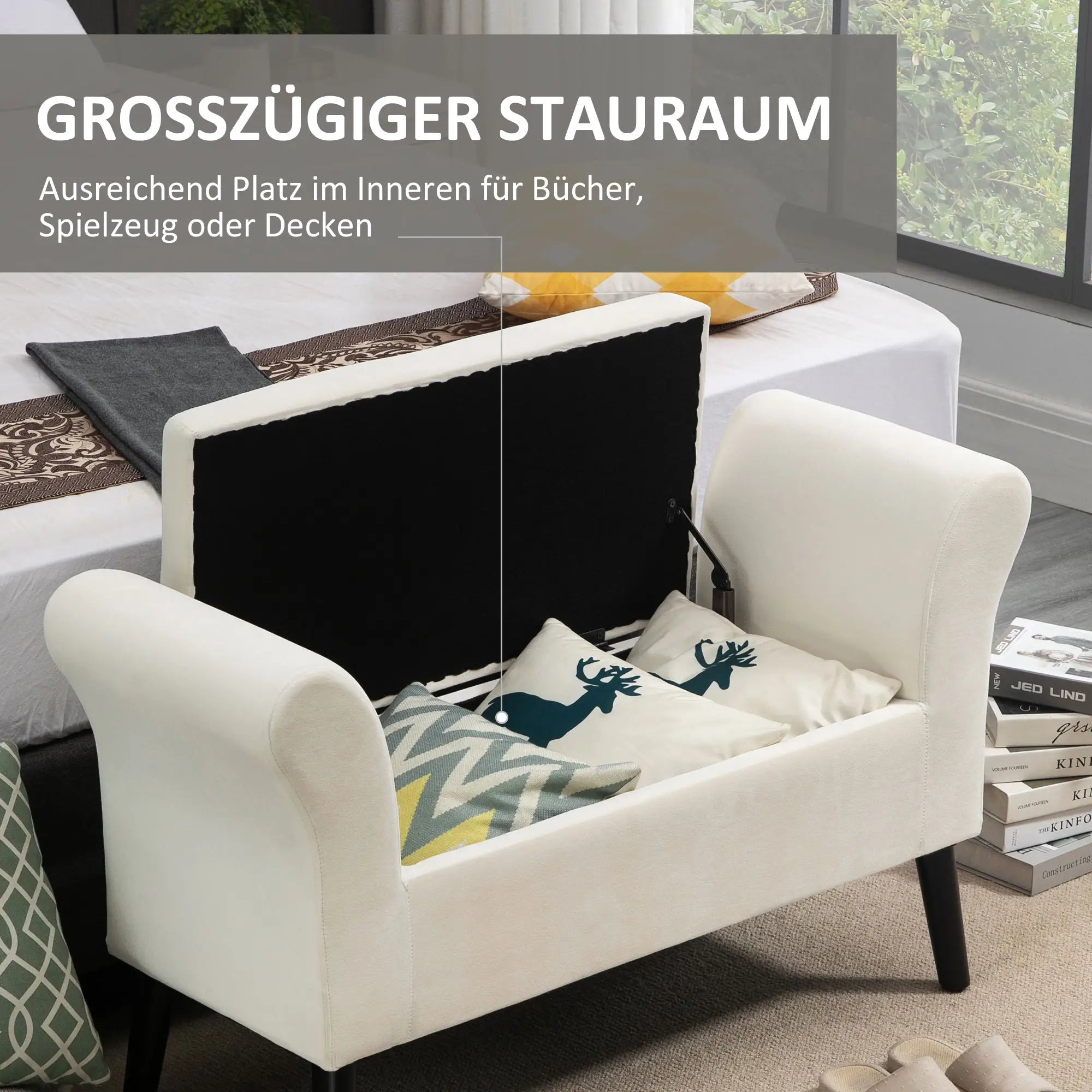 HOMCOM Polsterbank Stauraum Armlehne cremeweiß