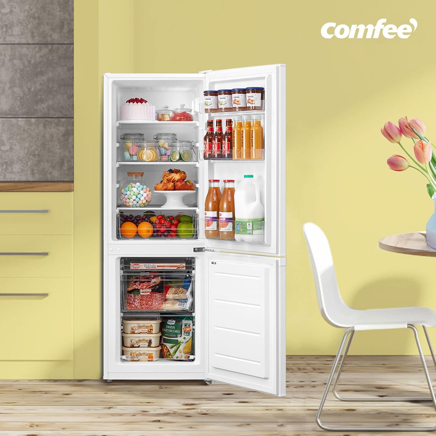 Comfee' RCB169DK3 Kühlschrank mit Gefrierfach 150cm Höhe/Kühl-/Gefrierkombination/Low Frost/174L/leise Kühlgefrierkombi 38dB/Einstellbare Kühlschranktemperatur/LED-Licht/156 kWh/Jahr/Schwarz