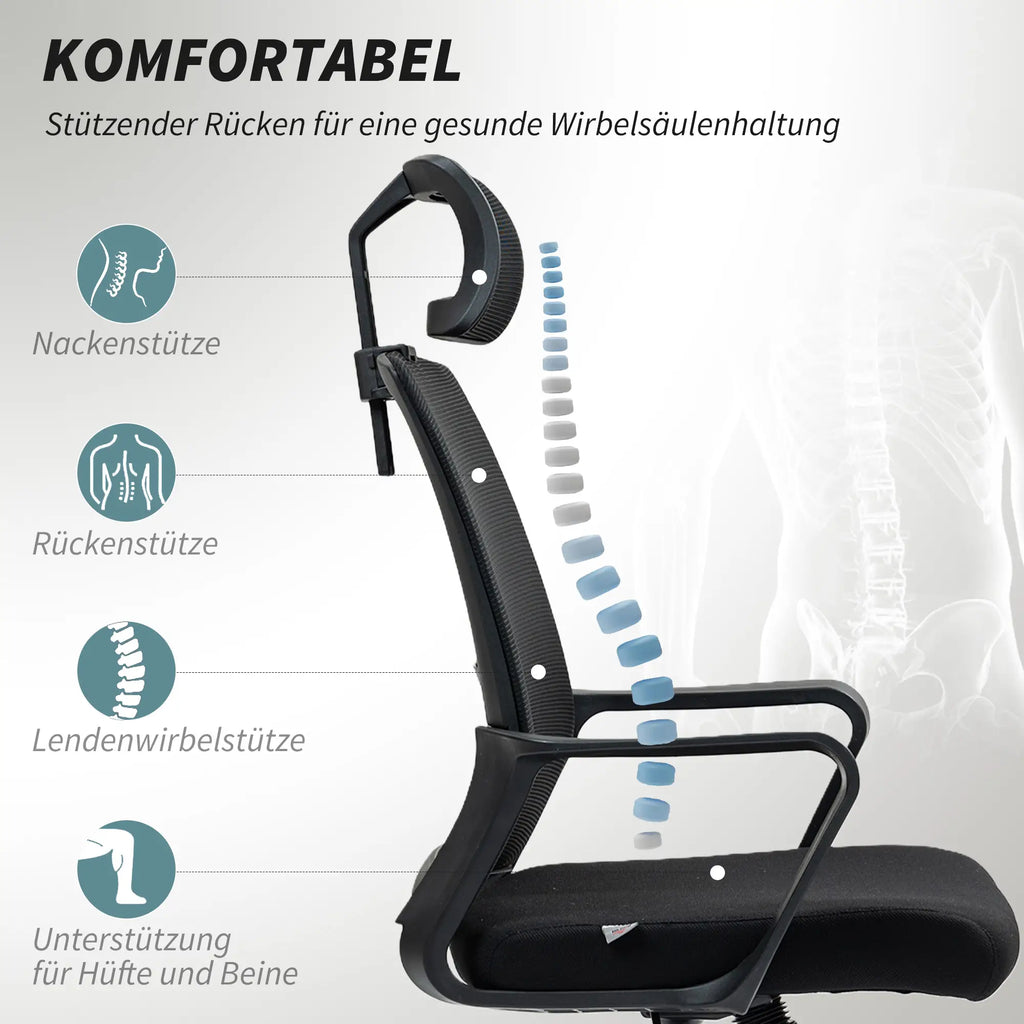 HOMCOM Ergonomischer Bürostuhl mit verstellbarer Kopfstütze, Schwarz