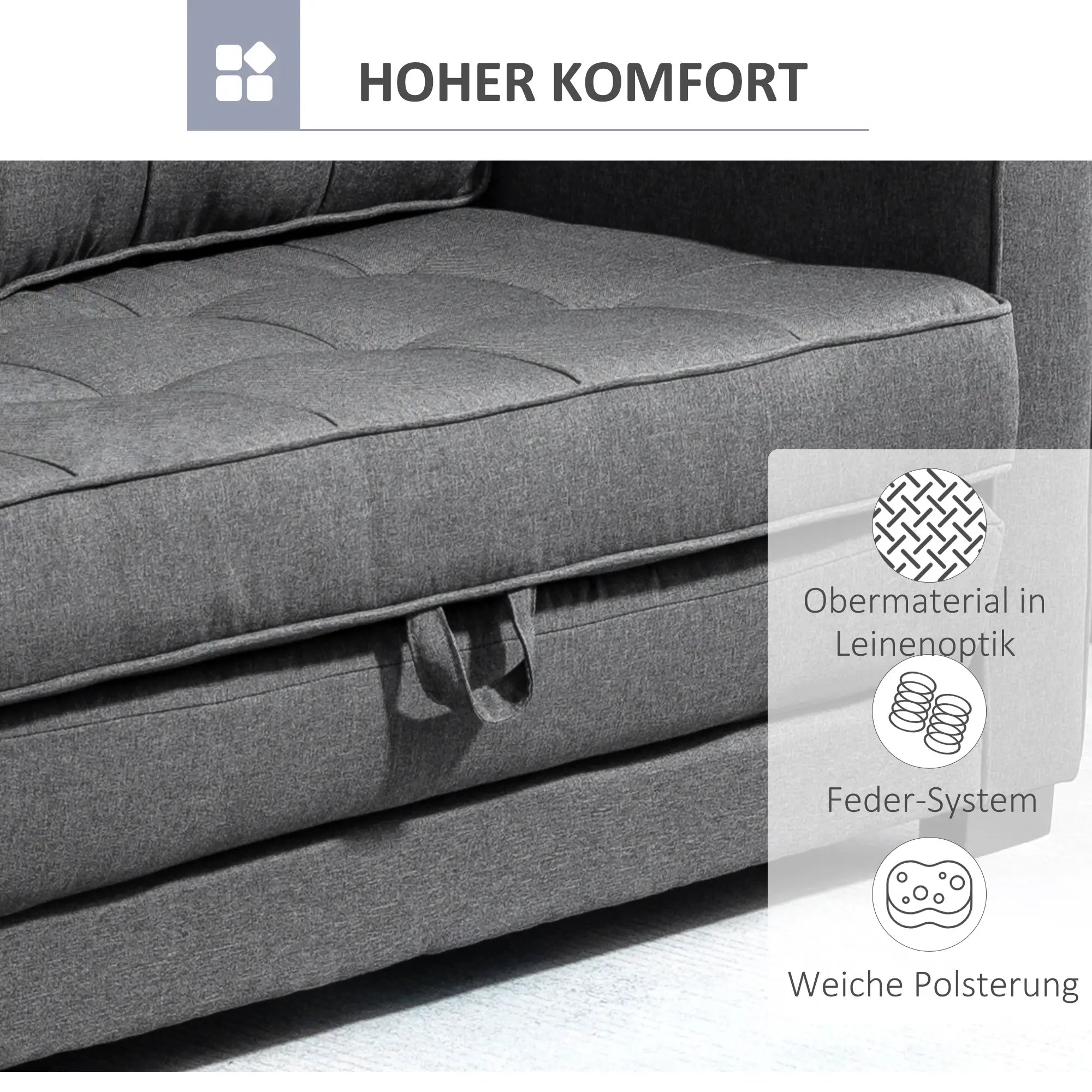 HOMCOM Schlafsofa 2-Sitzer ausziehbar Massivholz Federung Grau