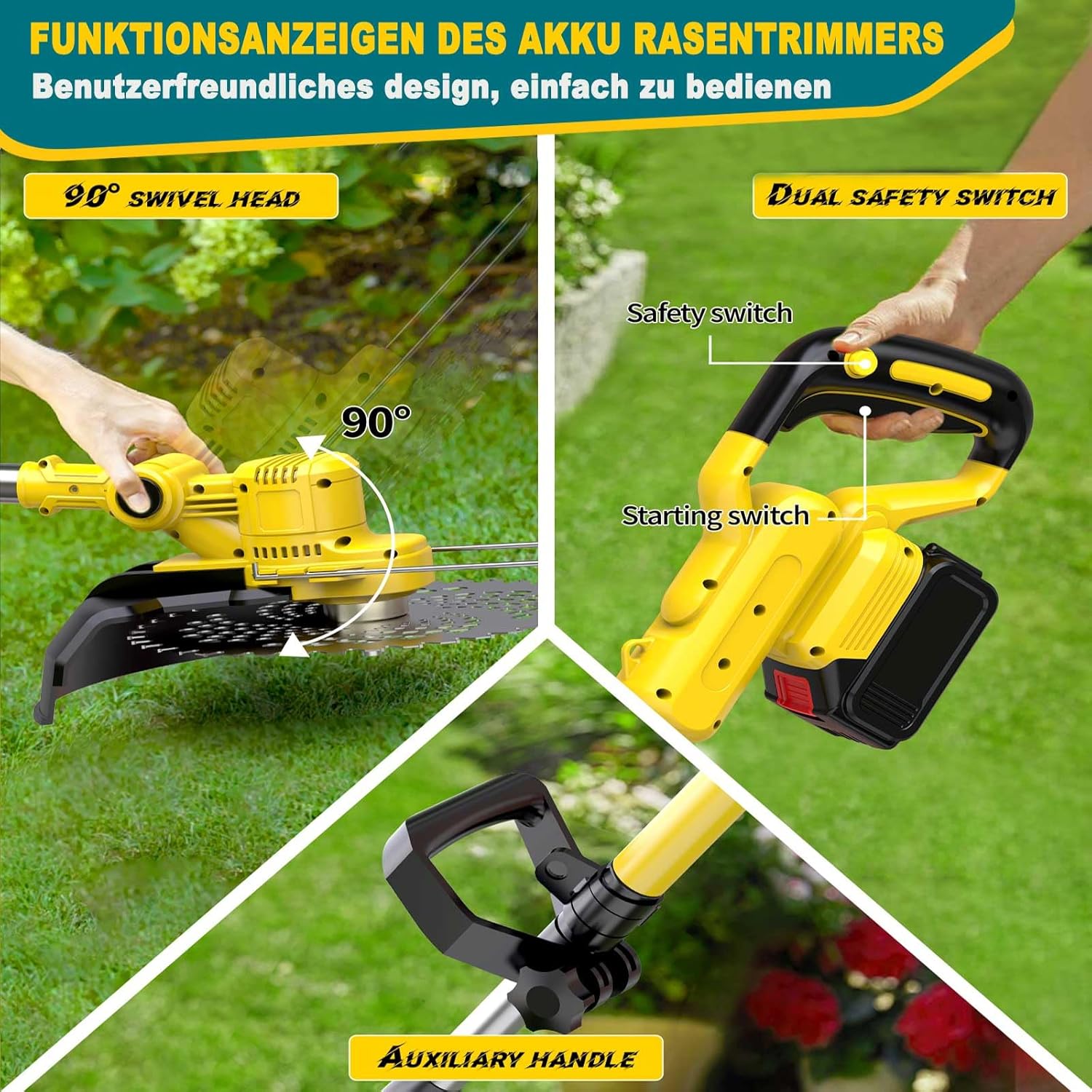 Akku Rasentrimmer mit Akku und Unkrautbürste, Rasentrimmer mit Akku mit 5 Klingentypen, 21 V Bürstenlose Freischneider Akku, mit 2 Akku 4.0Ah für Garden Trimmen (Grau)