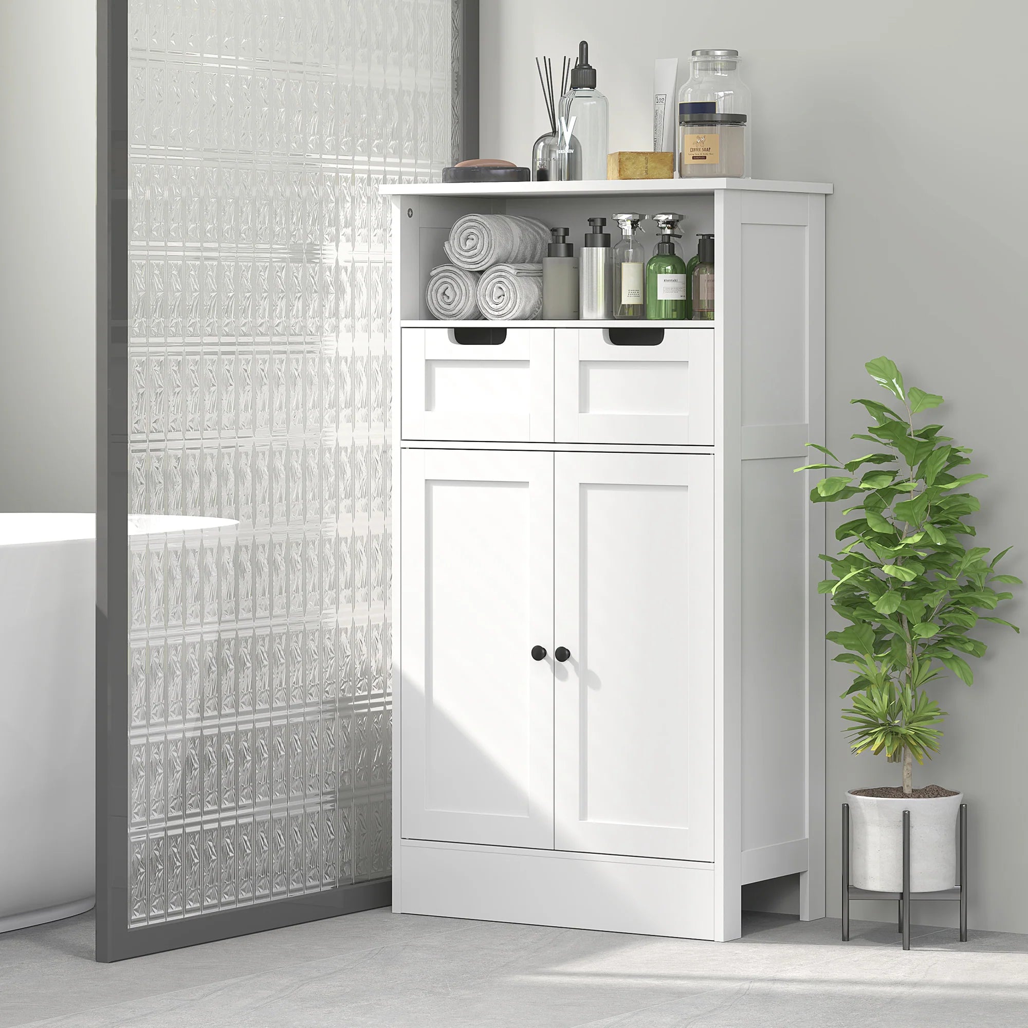 kleankin Badzimmerschrank 60x30x108,8 cm Weiß mit 2 Schubladen
