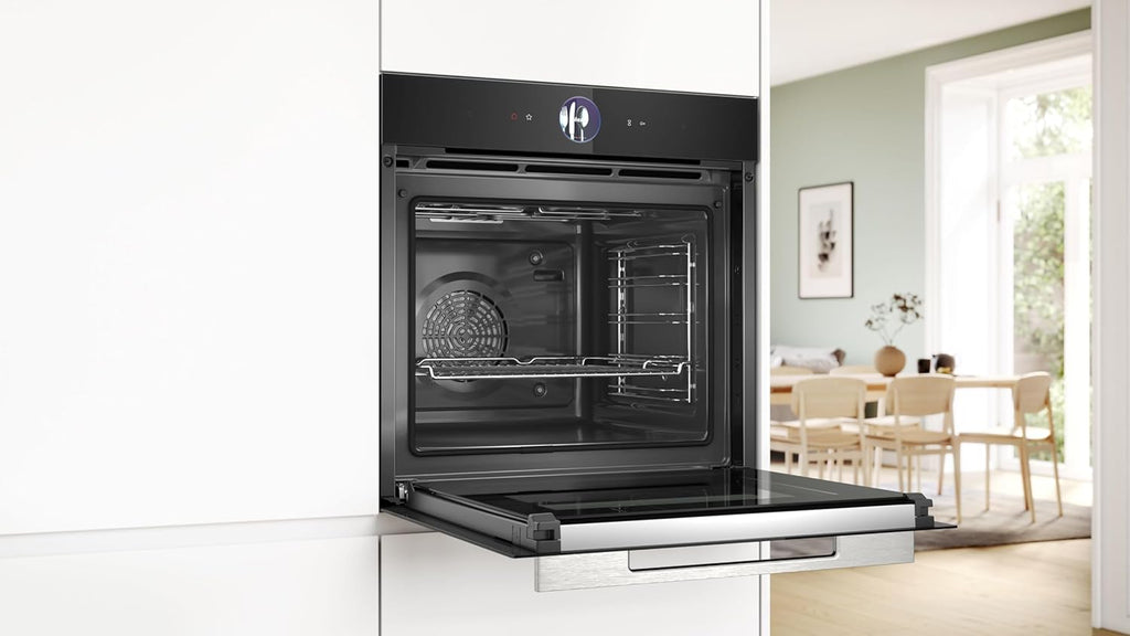 Bosch HMG7361B1, Serie 8 smarter Einbau-Backofen mit Mikrowellenfunktion, 60 x 60 cm, Made in Germany, Schwarz, Air Fry, Digitaler Bedienring, Touchdisplay, Automatikprogramme, Reinigungsunterstützung
