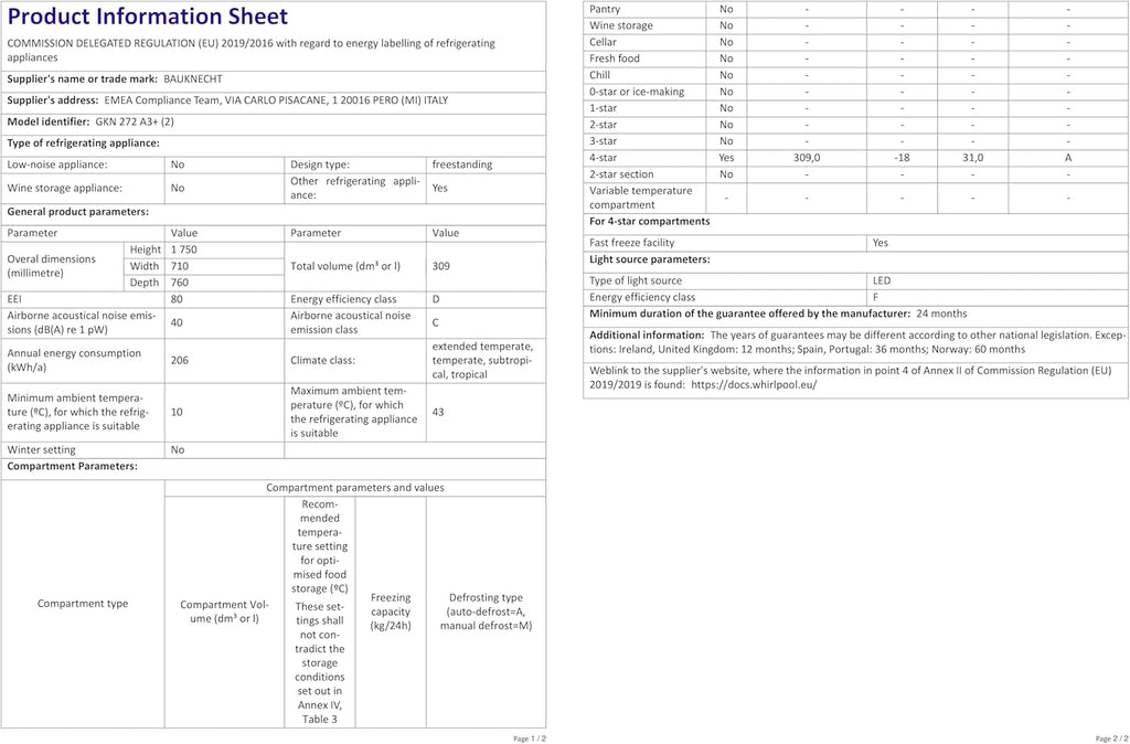 Bauknecht GKN 272 A3+ Gefrierschrank / 309 L Gesamtnutzinhalt / NoFrost / EasyOpen Ventil / Innenbeleuchtung / Elektronische Steuerung mit innenliegendem Bedienfeld, Weiß