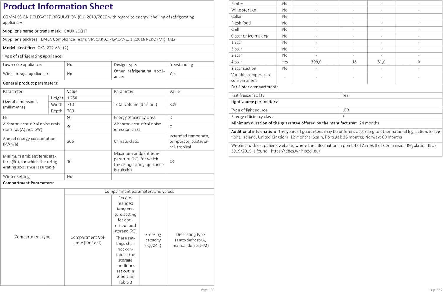 Bauknecht GKN 272 A3+ Gefrierschrank / 309 L Gesamtnutzinhalt / NoFrost / EasyOpen Ventil / Innenbeleuchtung / Elektronische Steuerung mit innenliegendem Bedienfeld, Weiß