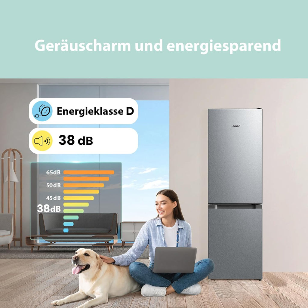 Comfee' RCB169DK3 Kühlschrank mit Gefrierfach 150cm Höhe/Kühl-/Gefrierkombination/Low Frost/174L/leise Kühlgefrierkombi 38dB/Einstellbare Kühlschranktemperatur/LED-Licht/156 kWh/Jahr/Schwarz
