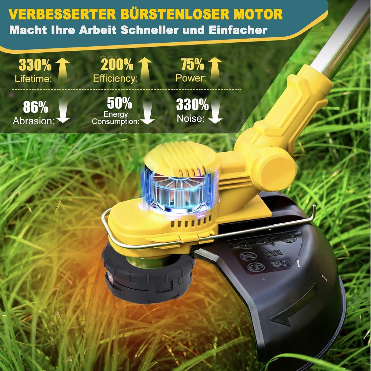 Akku Rasentrimmer mit Akku und Unkrautbürste, Rasentrimmer mit Akku mit 5 Klingentypen, 21 V Bürstenlose Freischneider Akku, mit 2 Akku 4.0Ah für Garden Trimmen (Grau)