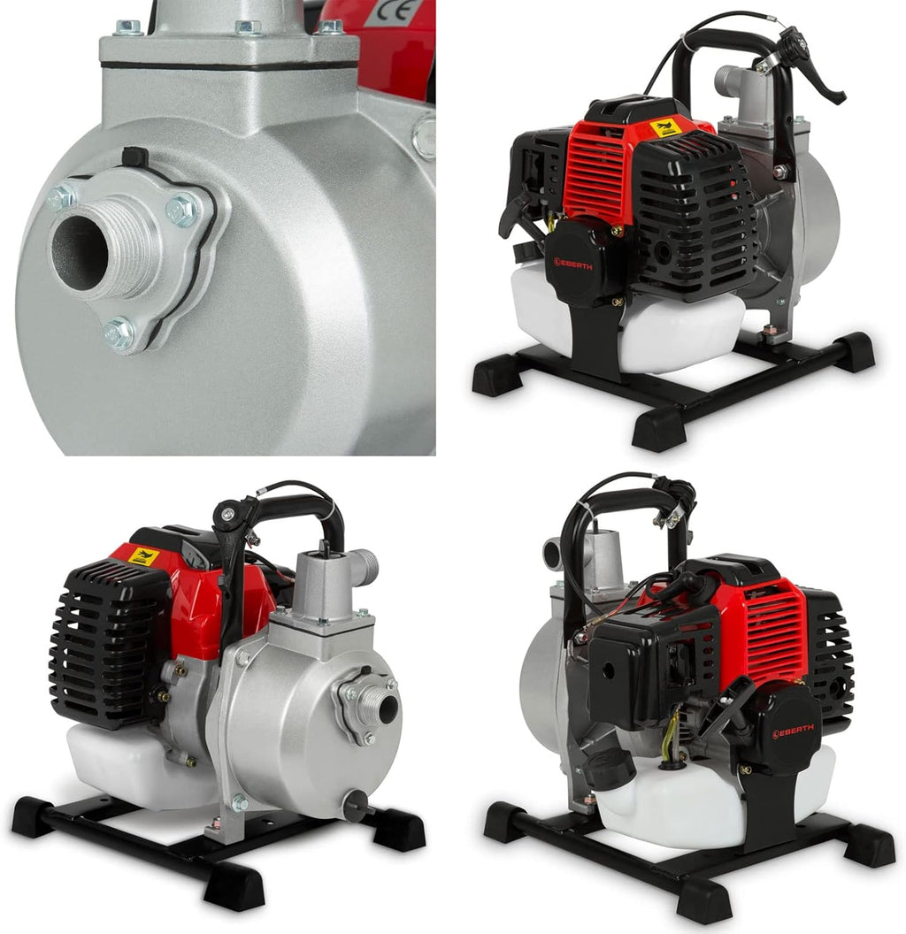 EBERTH 5,5PS Wasserpumpe mit 30.000l/h und 30m Förderhöhe, 2 Zoll Anschluss, Gartenpumpe Schmutzwasserpumpe mit 4-Takt-Motor und 7m Ansaughöhe, Benzin Pumpe, Seilzugstart, Metallfuß, Tragegriff
