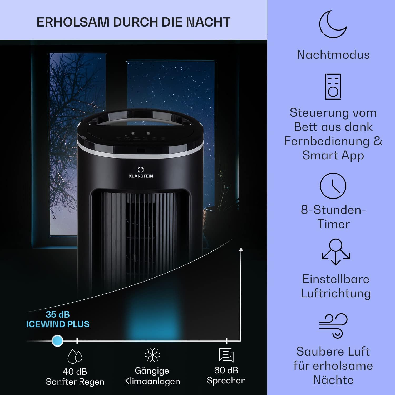 Klarstein Luftkühler mit Wasserkühlung, Leiser 4-in-1 Verdunstungskühler, Luftbefeuchter, Ventilator & Nachtmodus, Mobile Klimageräte Luftkühler 7L, 65W Air Cooler, 330m³/h Kühlender Luftstrom
