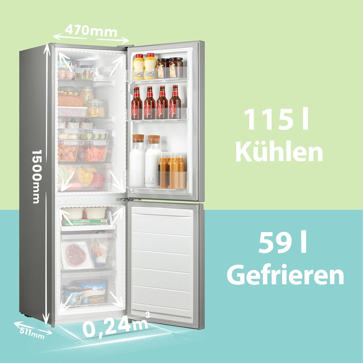 Comfee' RCB169DK3 Kühlschrank mit Gefrierfach 150cm Höhe/Kühl-/Gefrierkombination/Low Frost/174L/leise Kühlgefrierkombi 38dB/Einstellbare Kühlschranktemperatur/LED-Licht/156 kWh/Jahr/Schwarz