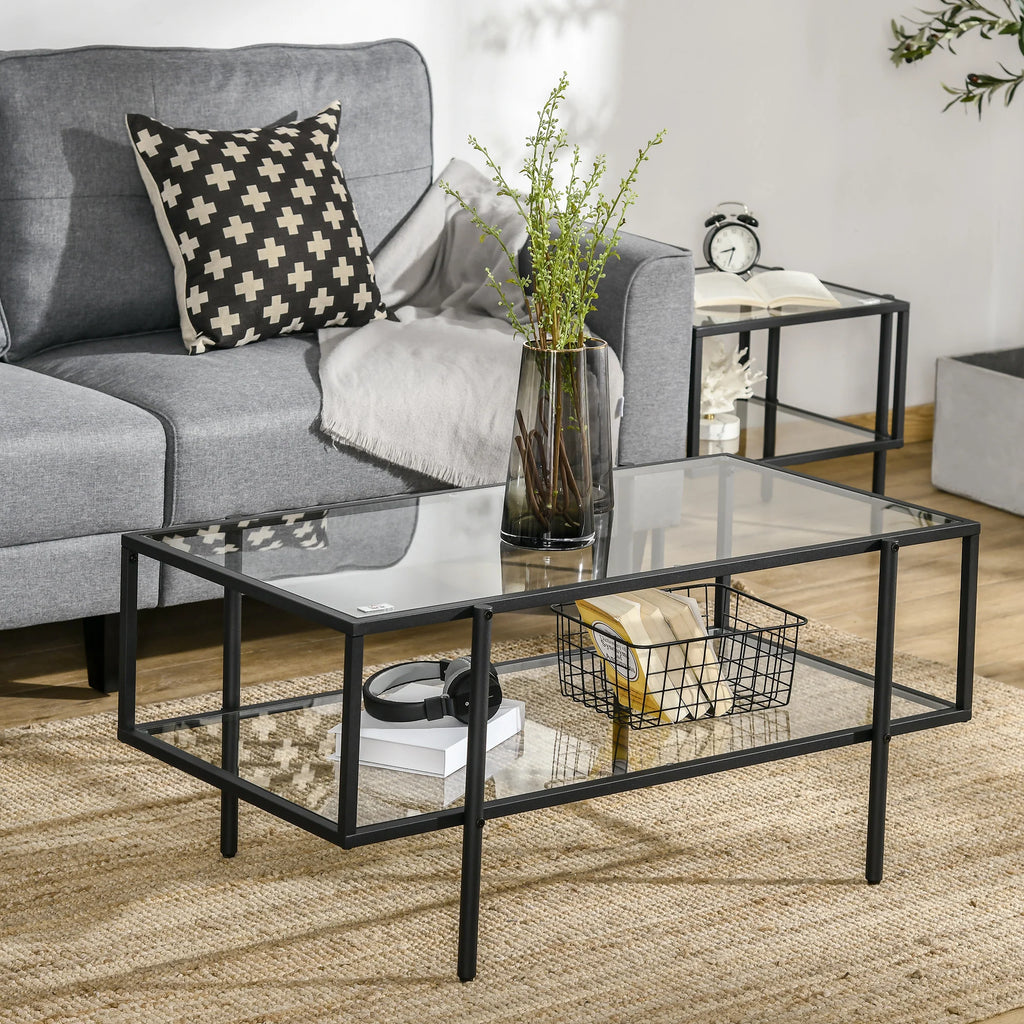 HOMCOM Couchtisch mit Ablagefach Glas Sofatisch elegantes Design